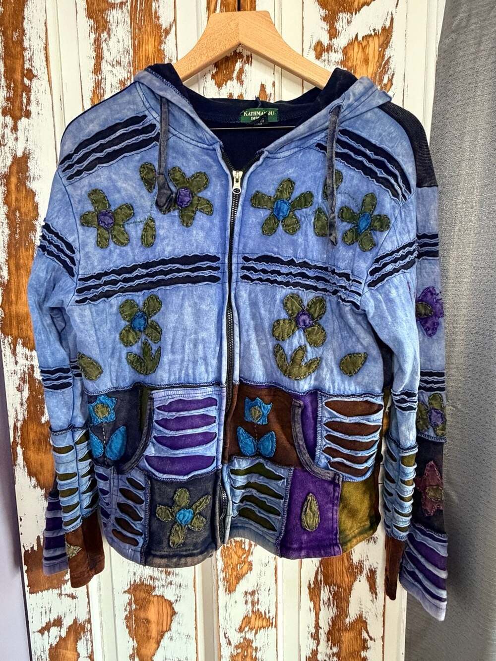 Kathmandu Imports Blue Hippie Grunge Boho Patchwork Zip Up Hoodie Size M